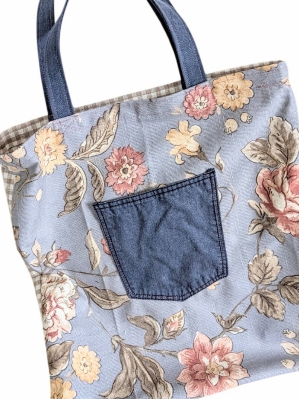 Handmade Floral and Gingham Canvas Tote Bag with Denim Pocket - Picture 1 of 4